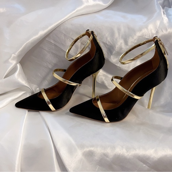 Malone Souliers Robyn 100 Black Satin Ankle Strap Pumps - Picture 4 of 15